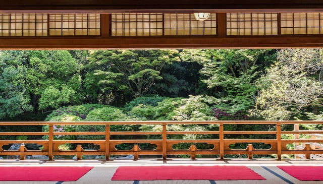 畳の上に座布団が並んでいてその先に木々の自然が広がっているロビーの待合所の写真