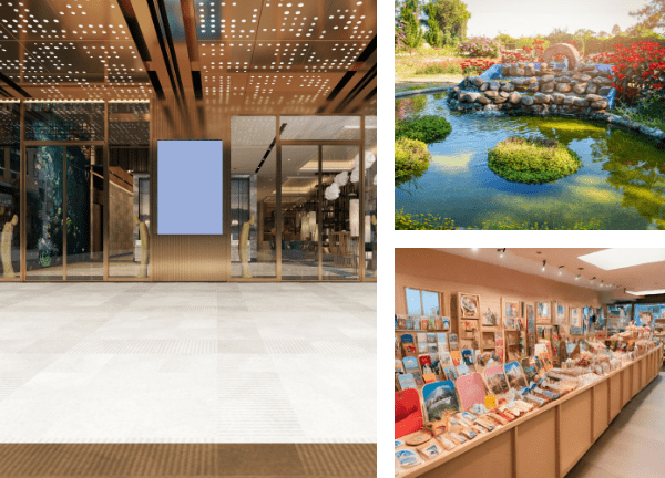 ホテルのロビーと屋上庭園とお土産屋「博麗」の写真