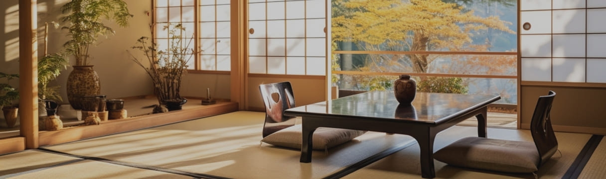 小町亭の和室のテーブルとベランダ